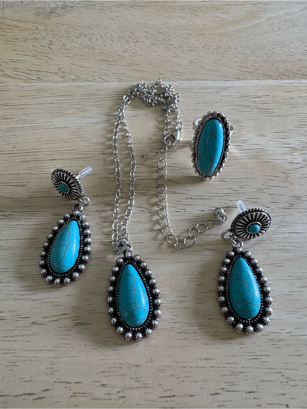 Turquoise Teardrop Necklace and Earring Set - Silver-Tone